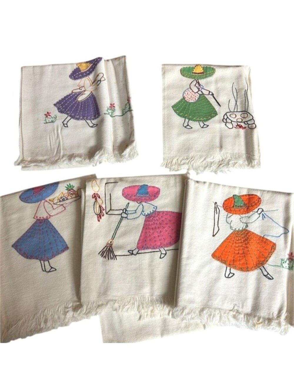Vintage Hand Embroidered Señorita Kitchen Towels Set of 5